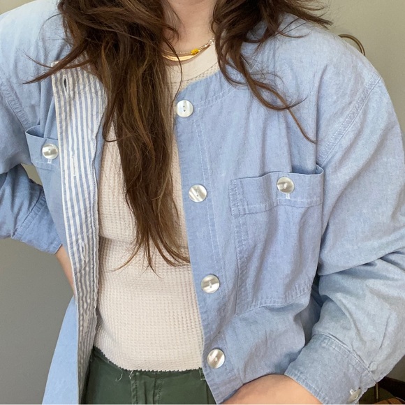 Vintage Chambray Collarless Smock Oversized Button Down - Picture 10 of 11